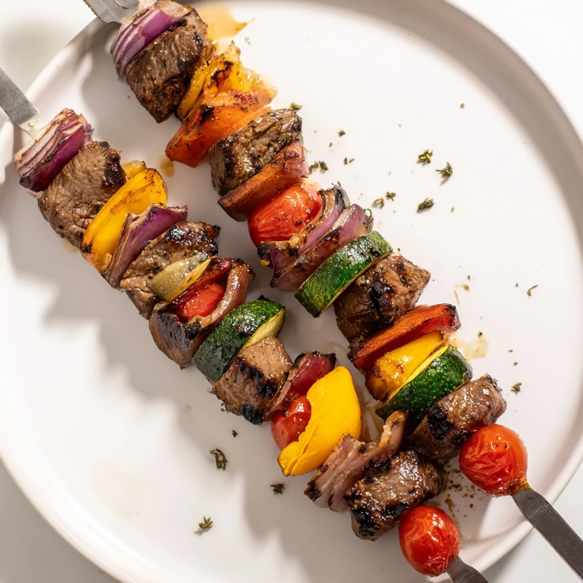 Plated Juicy Steak Kebabs With Savory Marinade For Summer Grilling resting on rice
