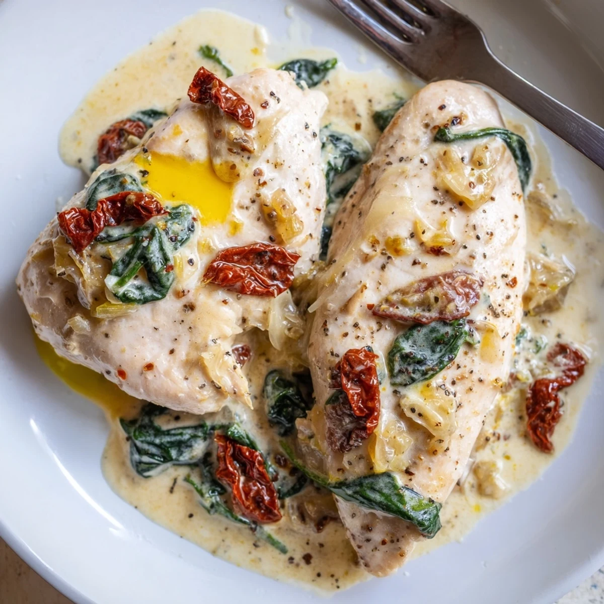 Slow Cooker Tuscan Chicken simmering in creamy sauce with wilted spinach, sun-dried tomatoes