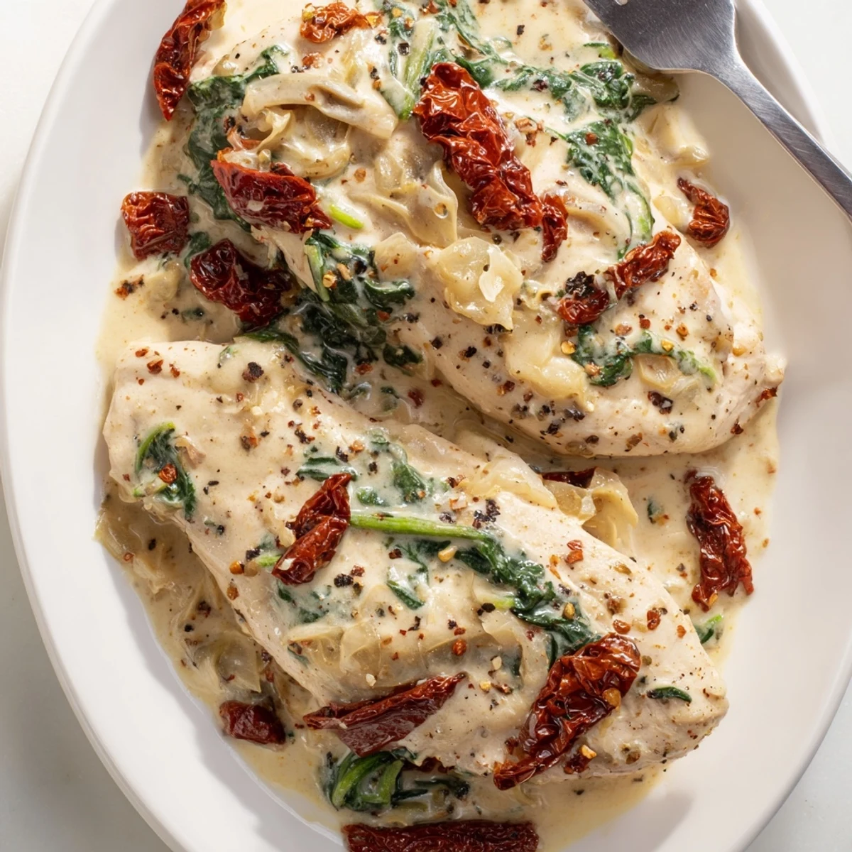 Dinner plate of Slow Cooker Tuscan Chicken topped with melted Parmesan, crusty bread