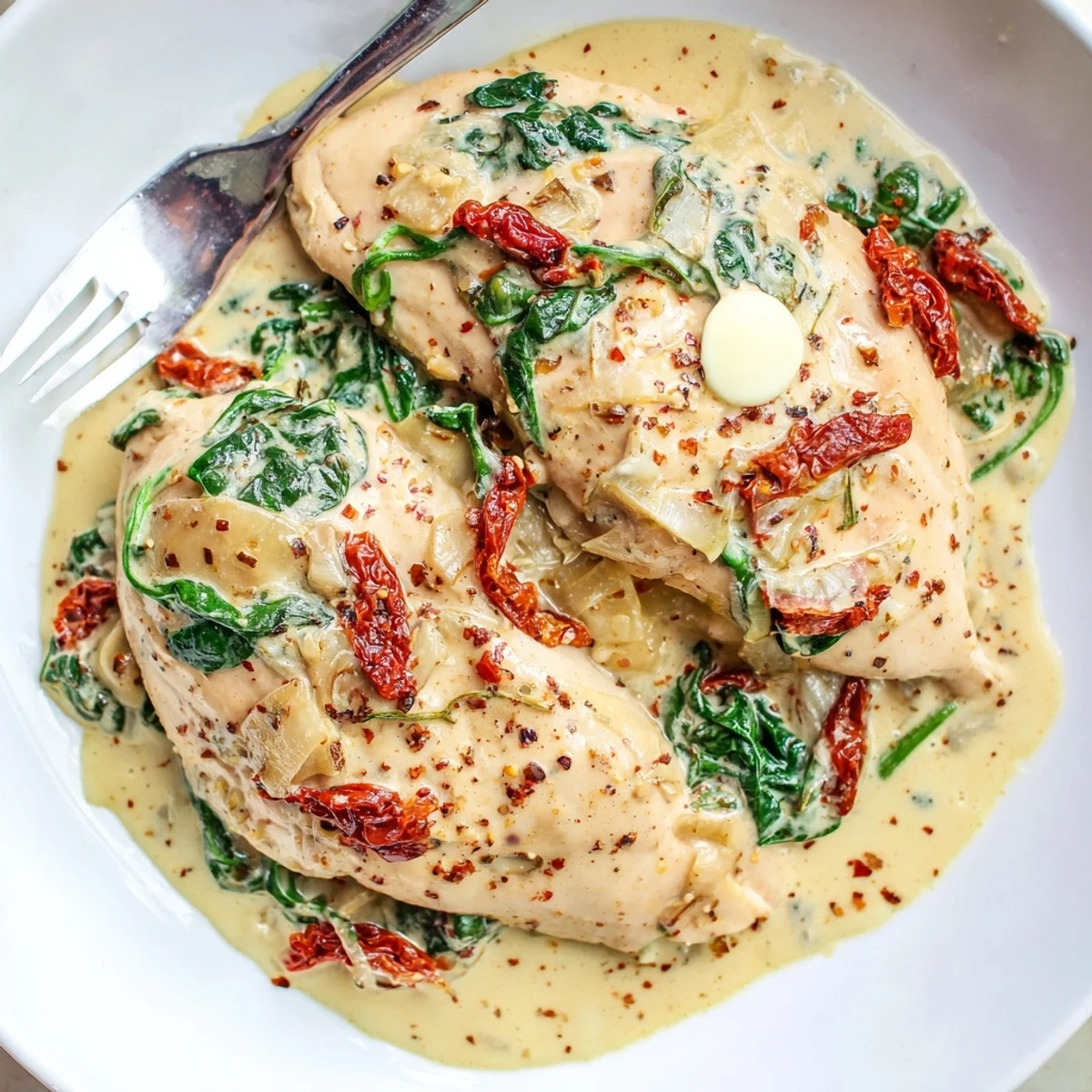 Fork-tender Slow Cooker Tuscan Chicken bathing in rich herb cream sauce, aromatic