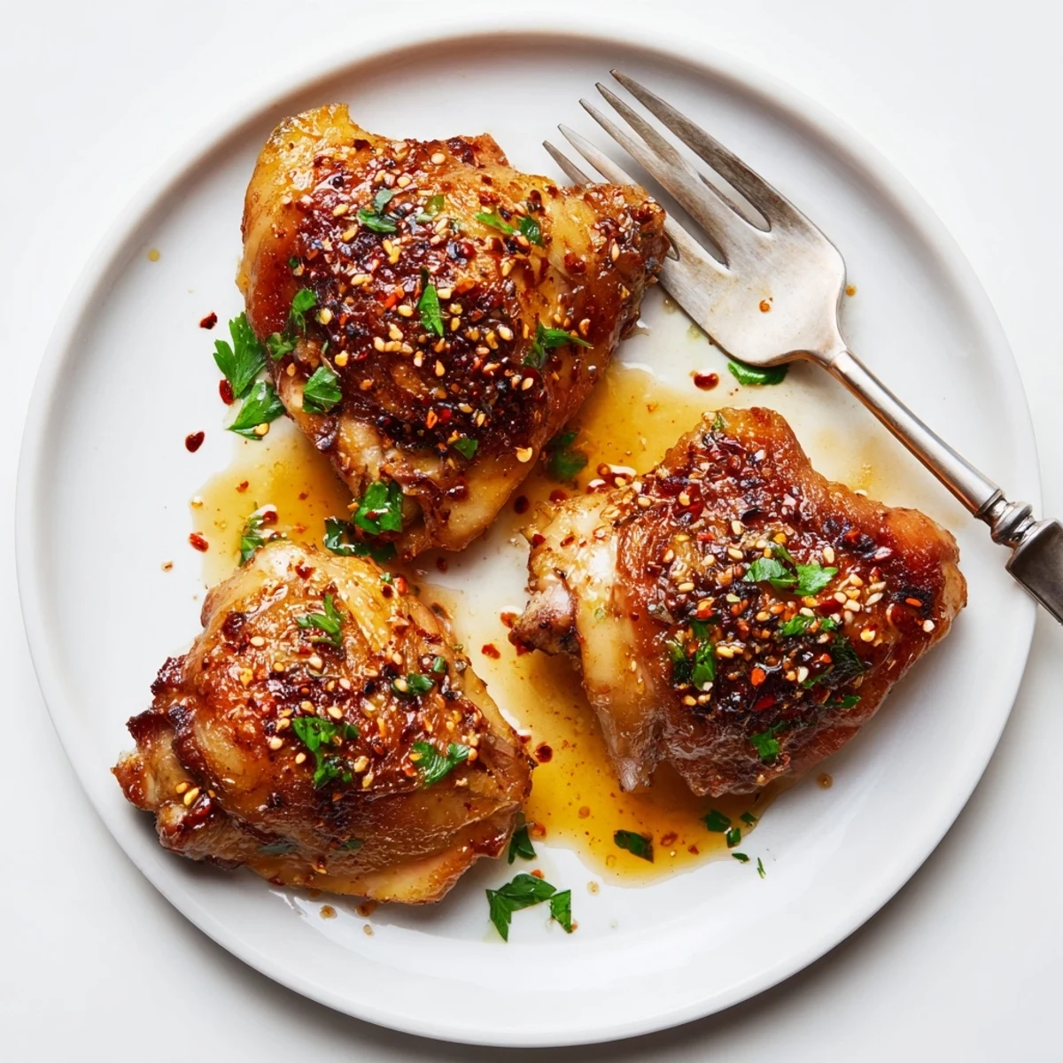 Sweet And Sticky Honey Butter Chicken Thighs glazed, caramelized skin, garlic-scented skillet.