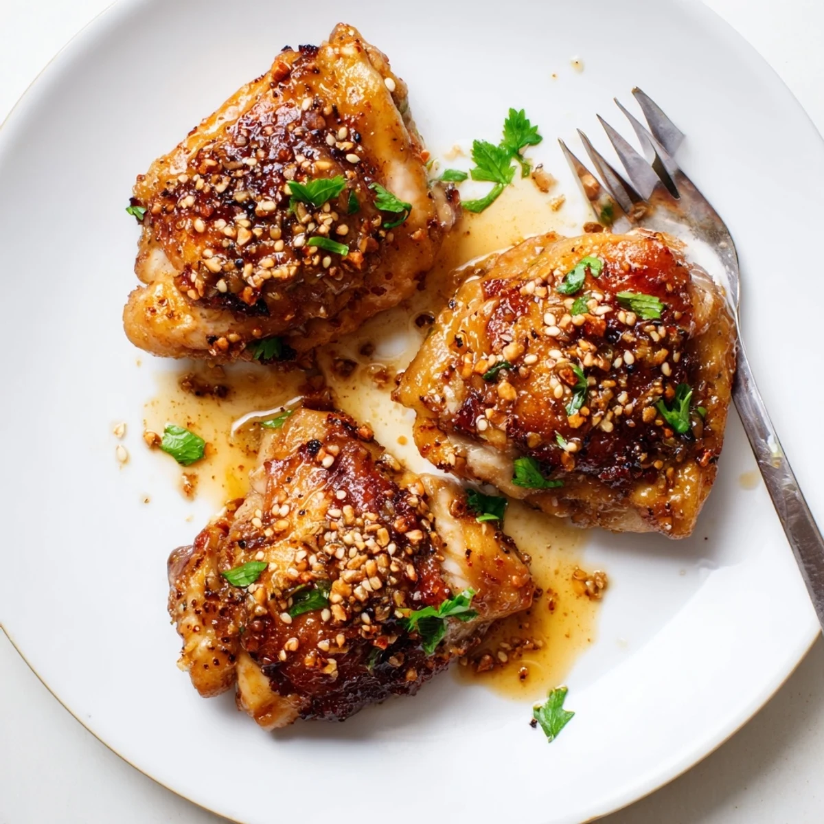 Oven-roasted Sweet And Sticky Honey Butter Chicken Thighs basting, glossy sauce, parsley.