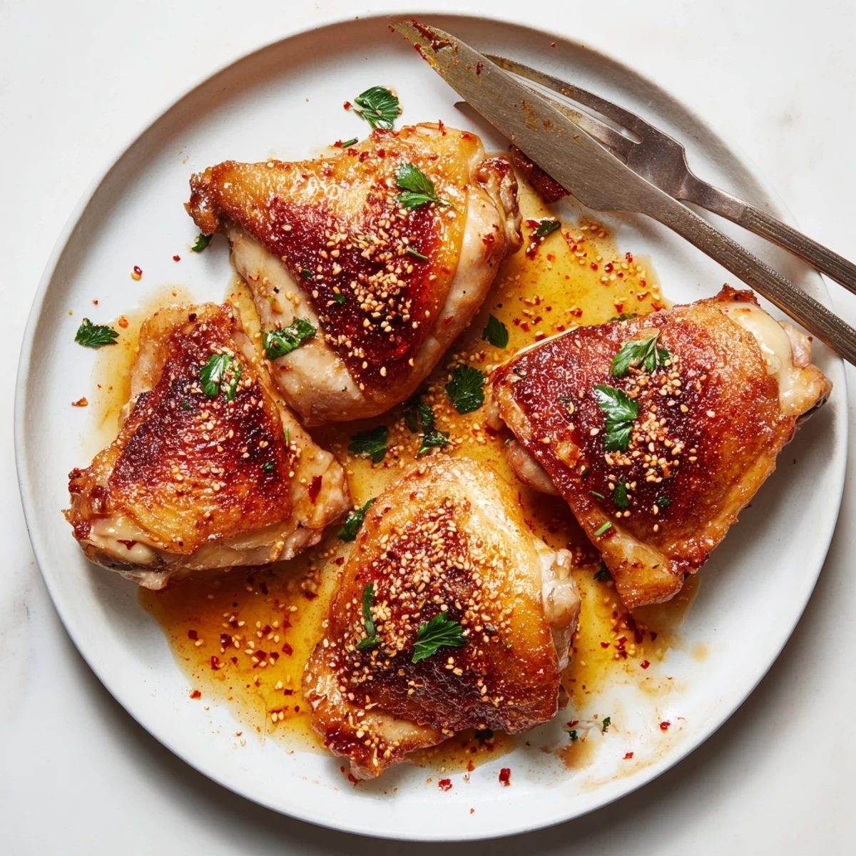 Plate of Sweet And Sticky Honey Butter Chicken Thighs over jasmine rice.