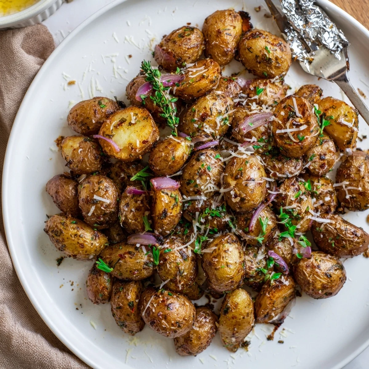 Crisp, tender herb seasoned grilled potatoes in foil, garlic scented and ready to serve.