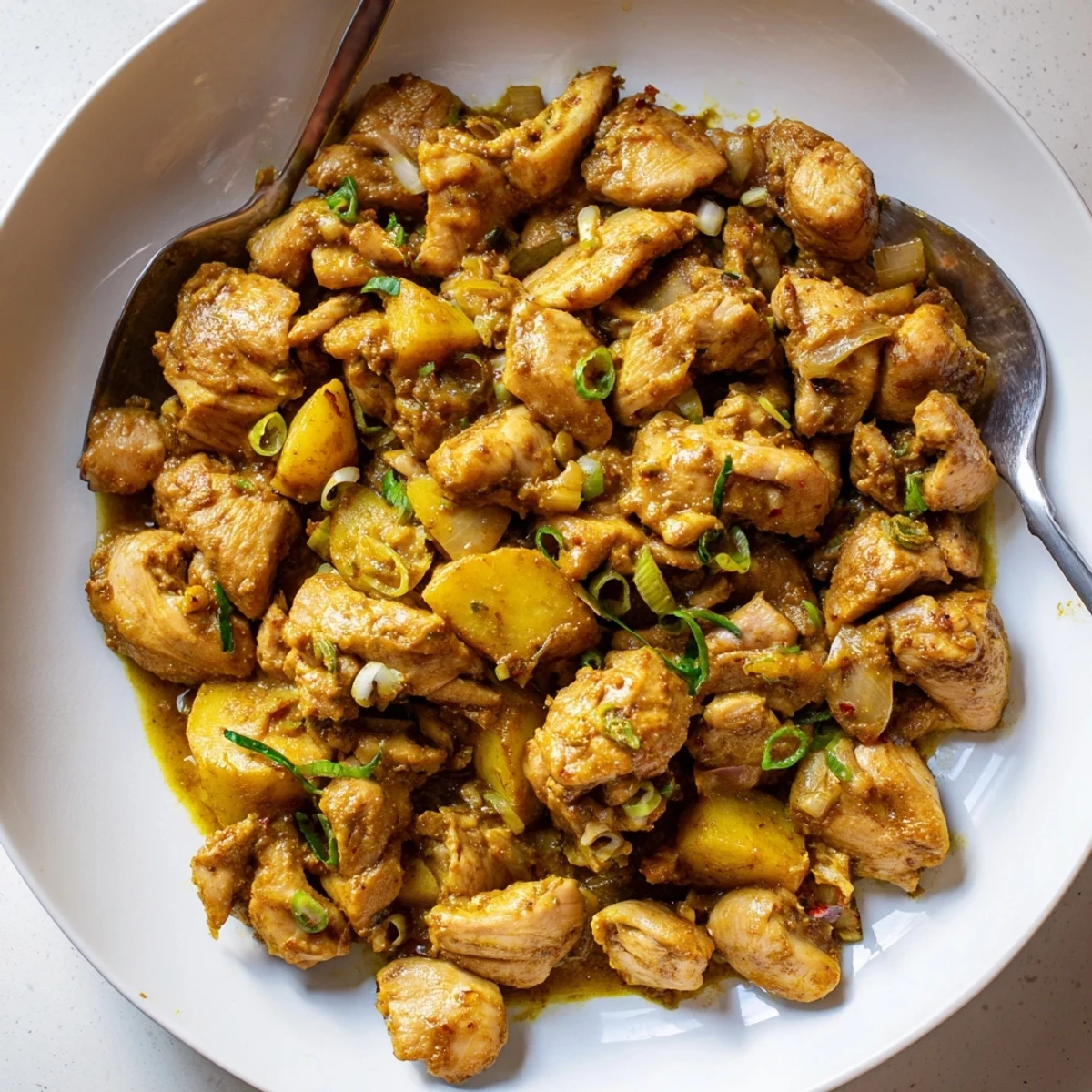 Irresistibly Tender Jamaican Curry Chicken stewing in coconut sauce, steam rising.
