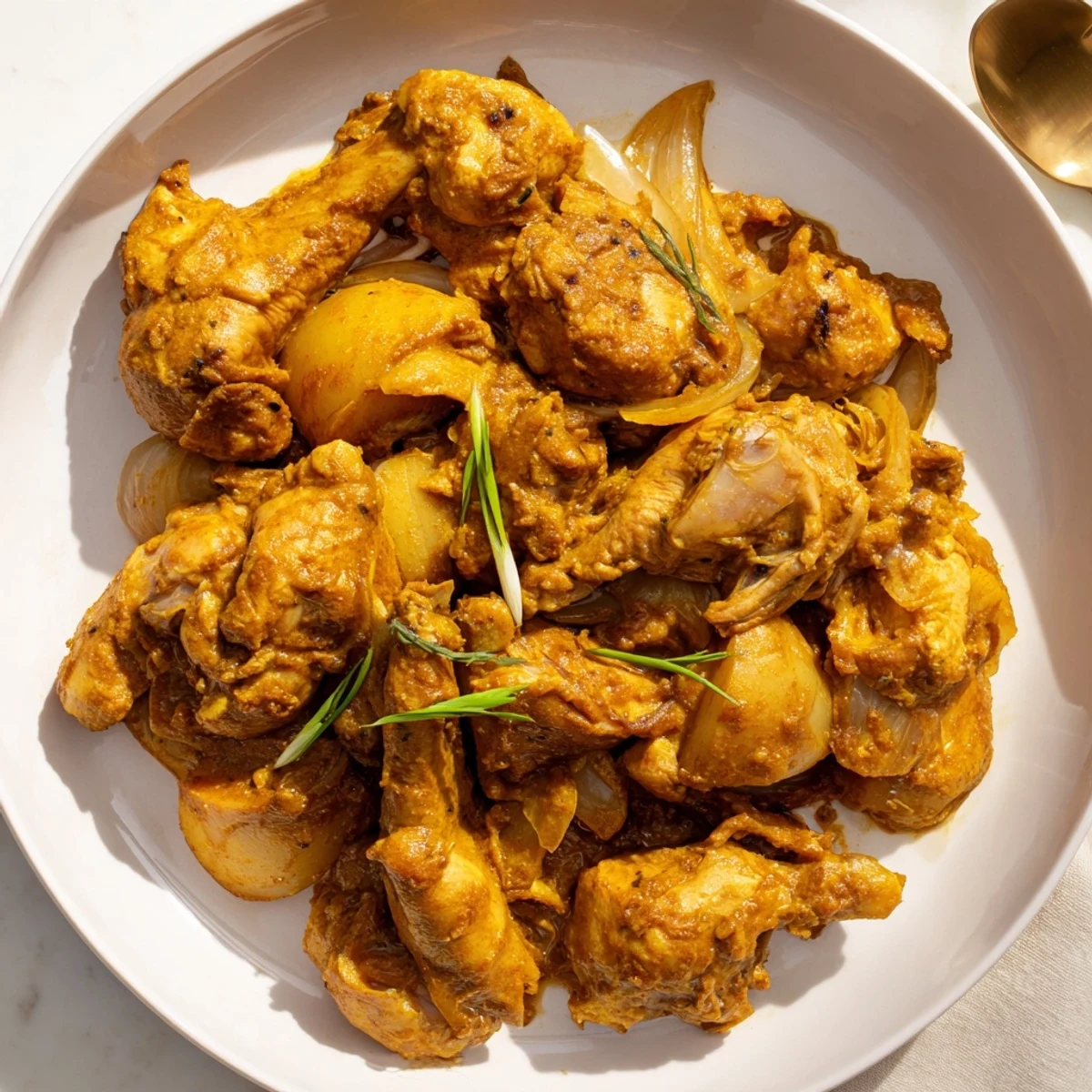 Bowl of Irresistibly Tender Jamaican Curry Chicken over fluffy rice, vibrant spices.