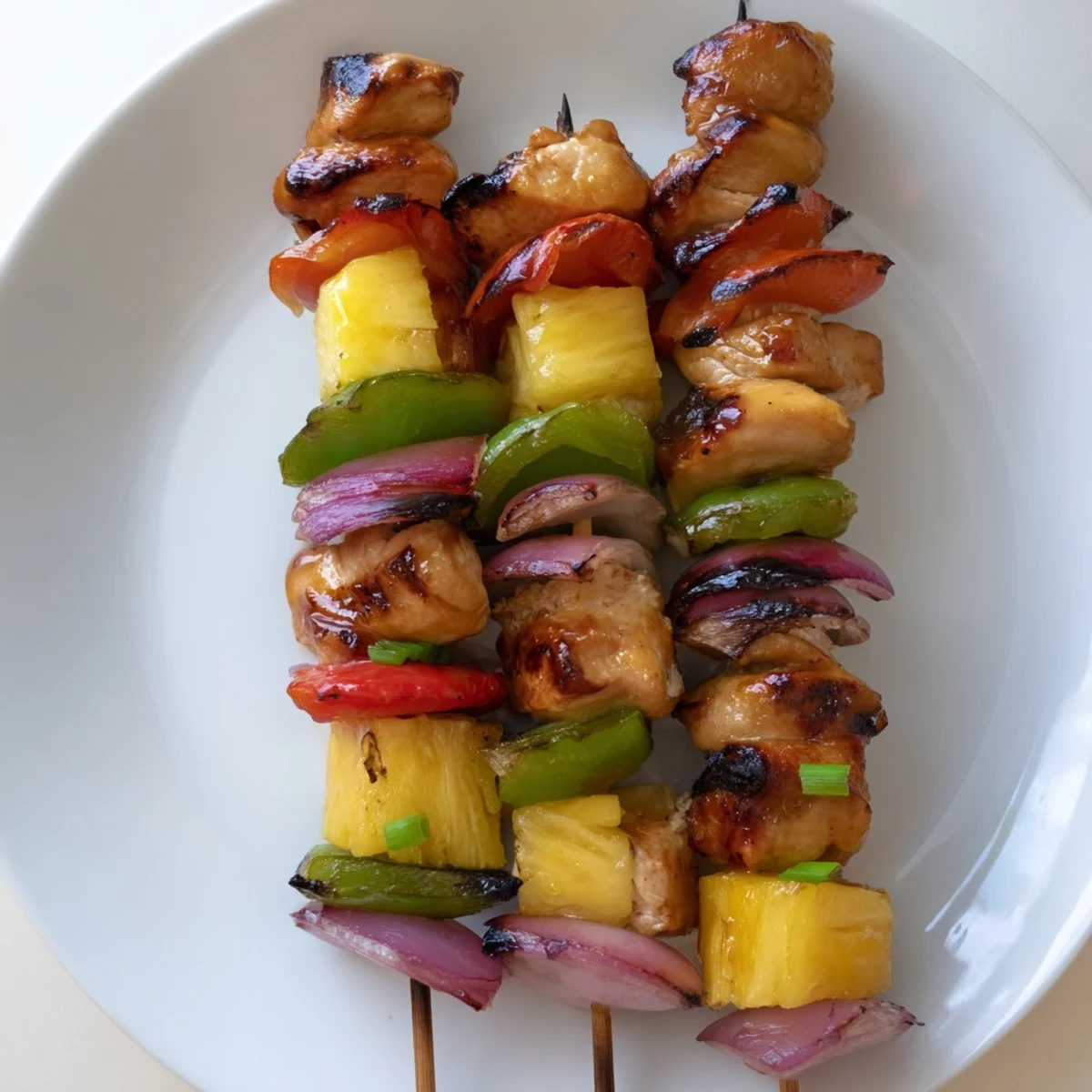 Plated Hawaiian Turn Turn Chicken Kebabs atop steamed rice, scallions, juicy pineapple