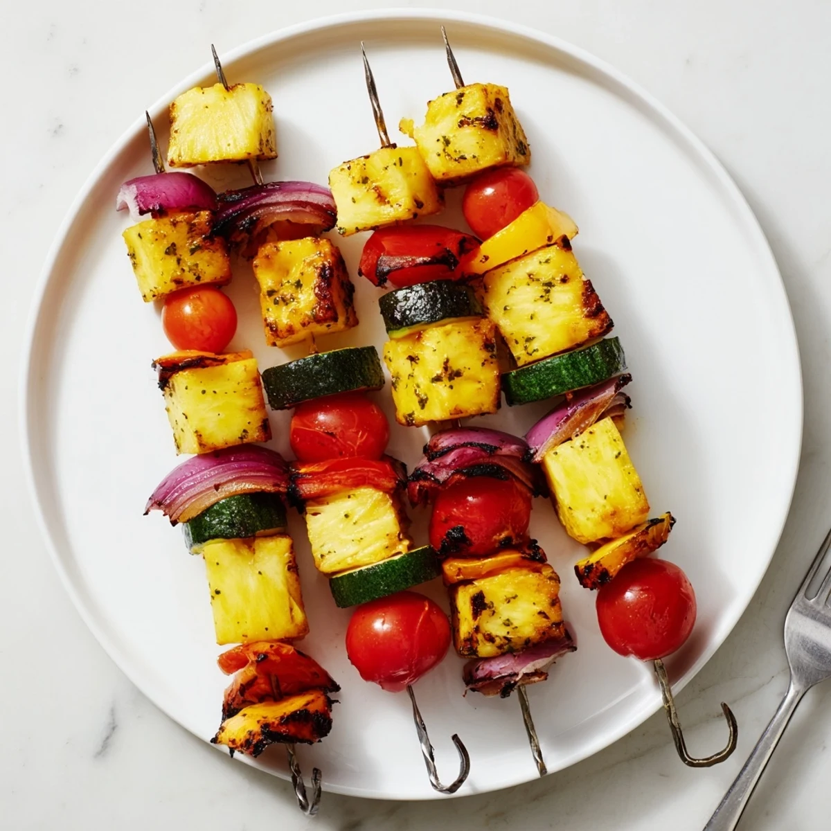 Grilled Pineapple Vegetable Skewers with charred edges and sticky maple and lime glaze