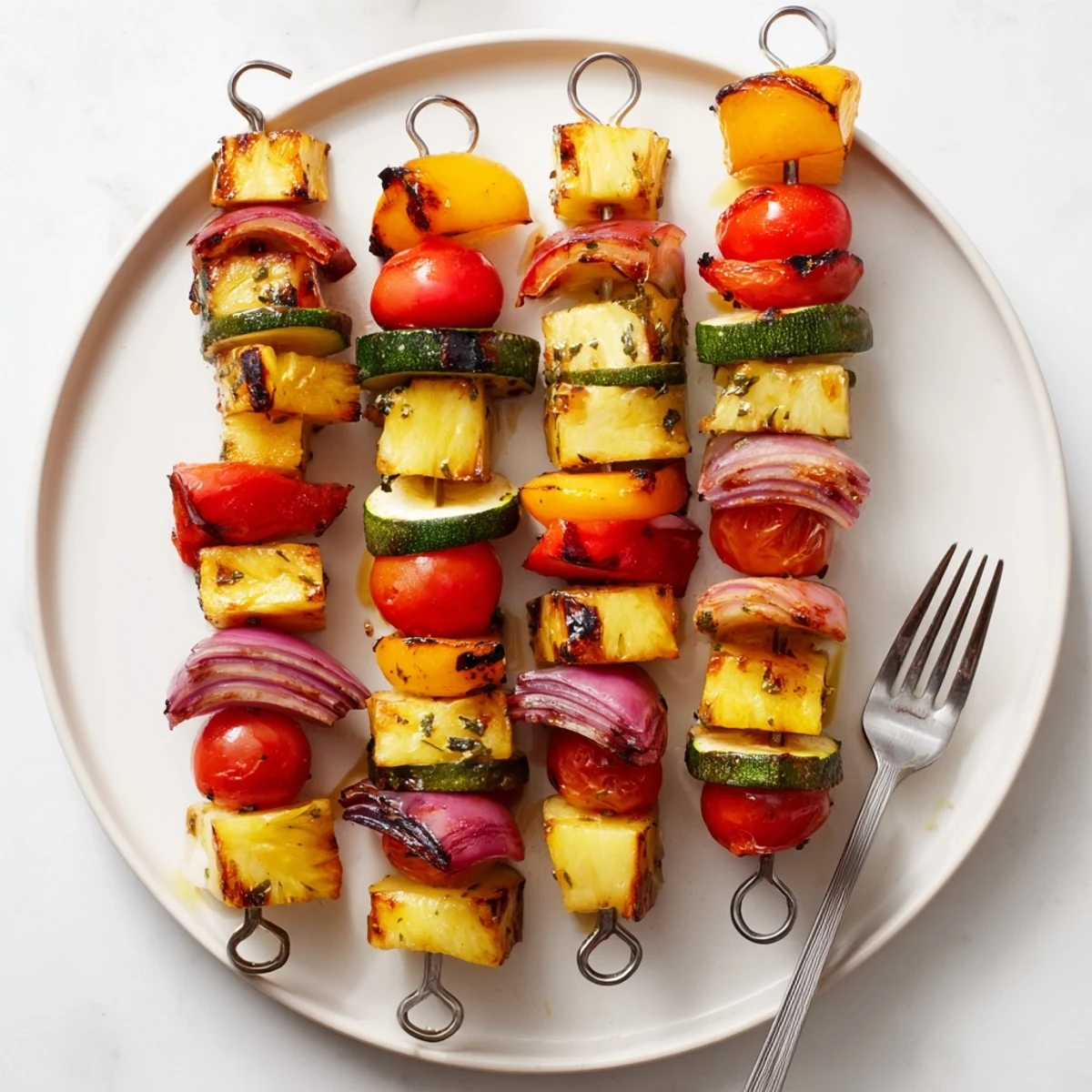 Colorful Pineapple Vegetable Skewers sizzling on grill, ideal for summer cookouts