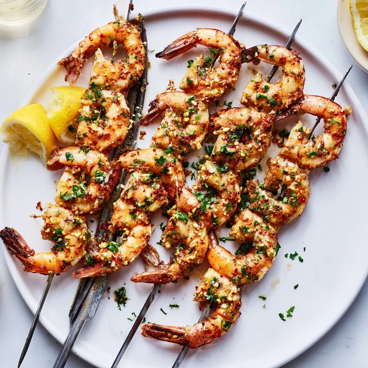 Marinated Grilled Shrimp glistening with lemon-herb marinade, charred edges and parsley