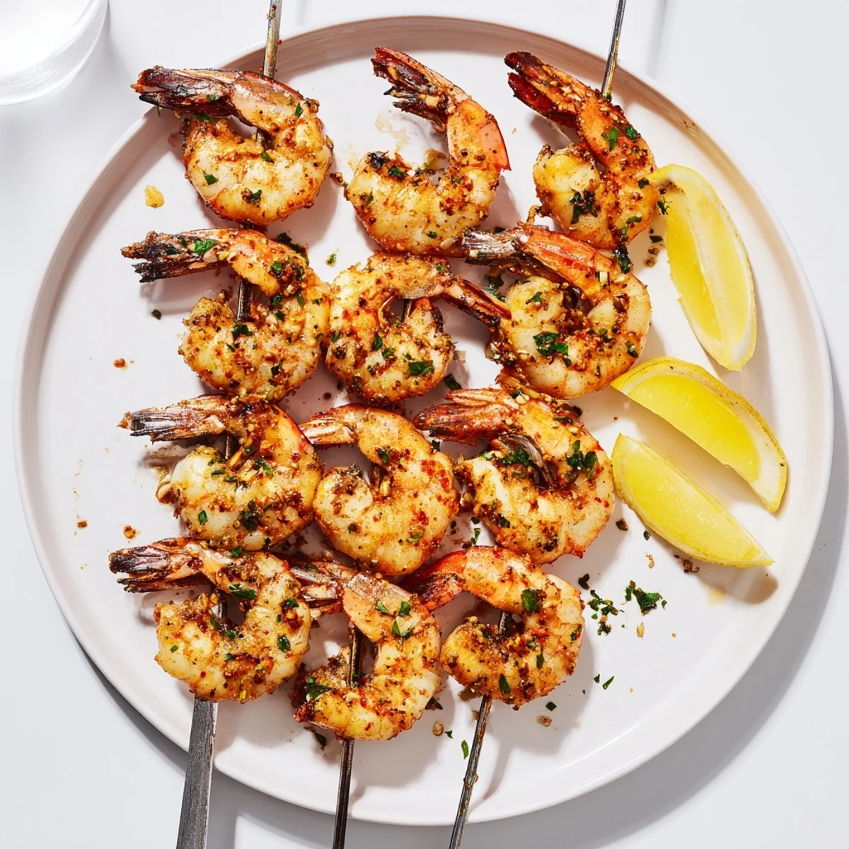 Skewered Marinated Grilled Shrimp with smoky grill marks, served with lemon wedges