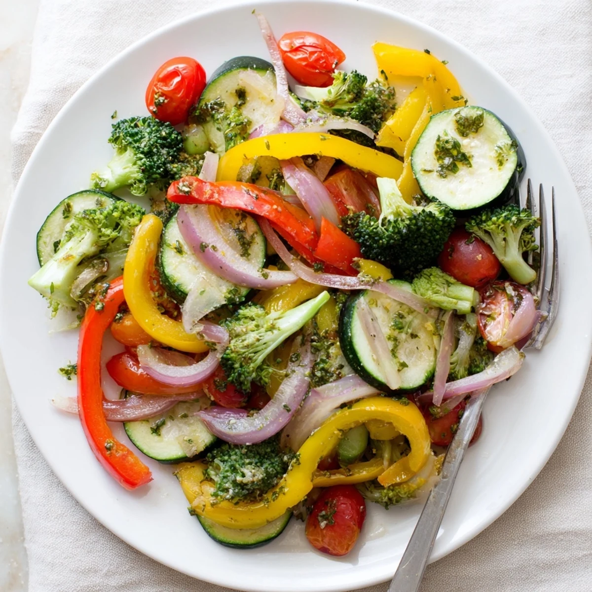 Garlic Infused Olive Oil Sauteed Veggies glistened, bright peppers, zucchini, warm parsley.  