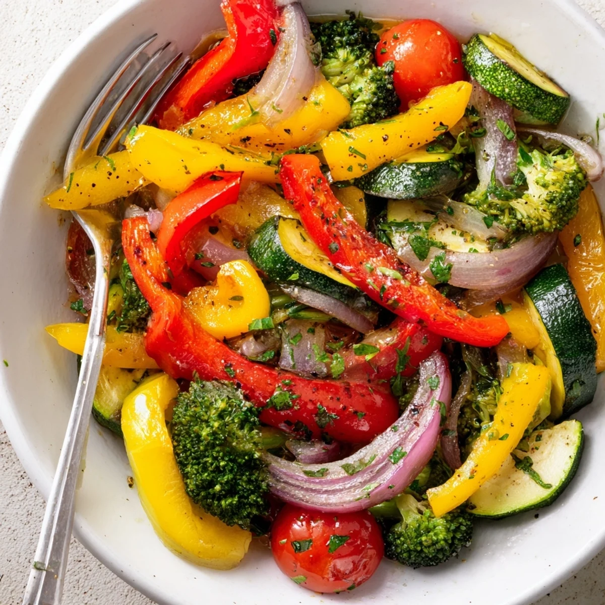 Aromatic Garlic Infused Olive Oil Sauteed Veggies sizzling, cherry tomatoes burst, savory finish.