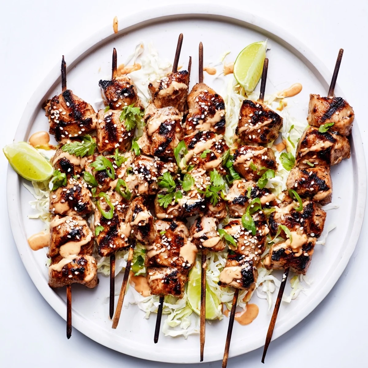 Bang Bang Chicken Skewers grilled to juicy perfection, drizzled with creamy spicy-sweet sauce