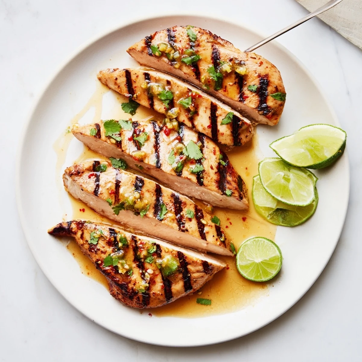 Grilled Spicy Honey Lime Chicken glistening with char marks, served with lime