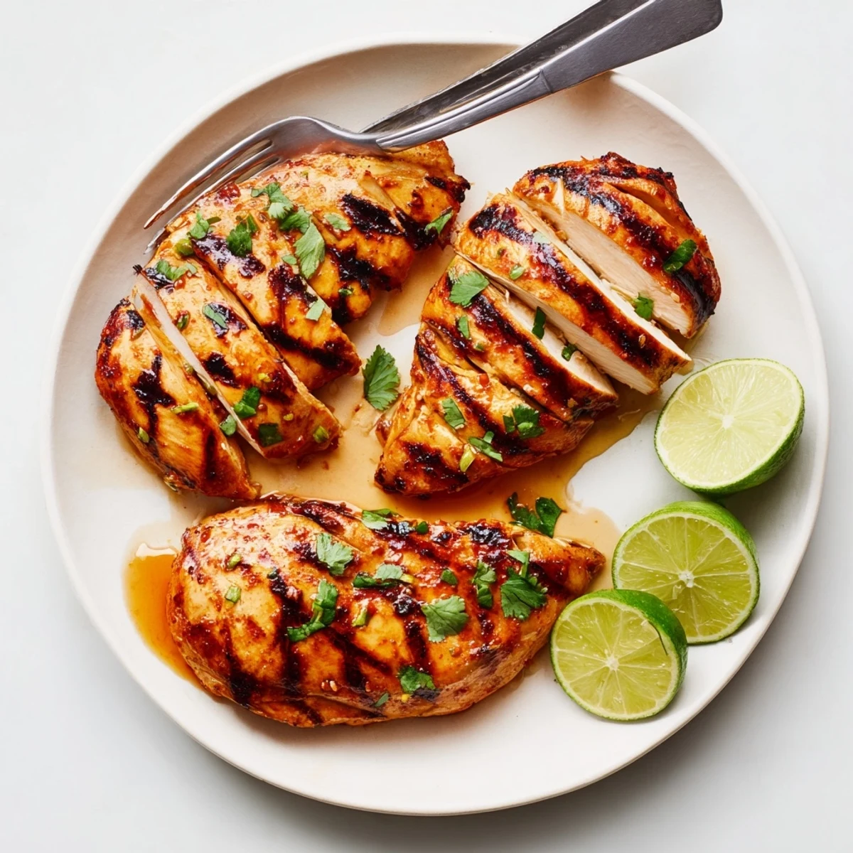 Sliced Grilled Spicy Honey Lime Chicken resting on cutting board, cilantro garnish