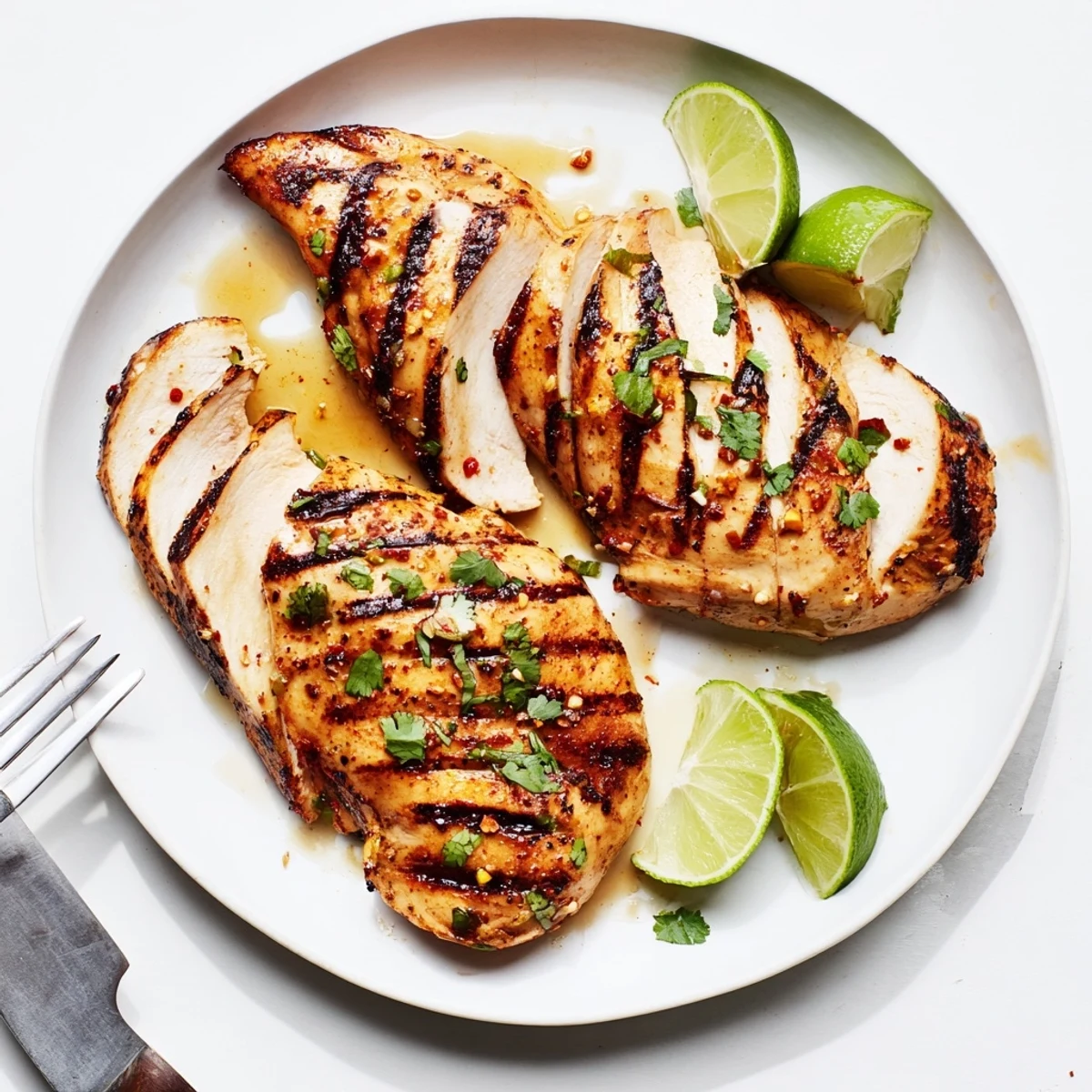 Family-style Grilled Spicy Honey Lime Chicken, smoky-sweet aroma, lime wedges alongside