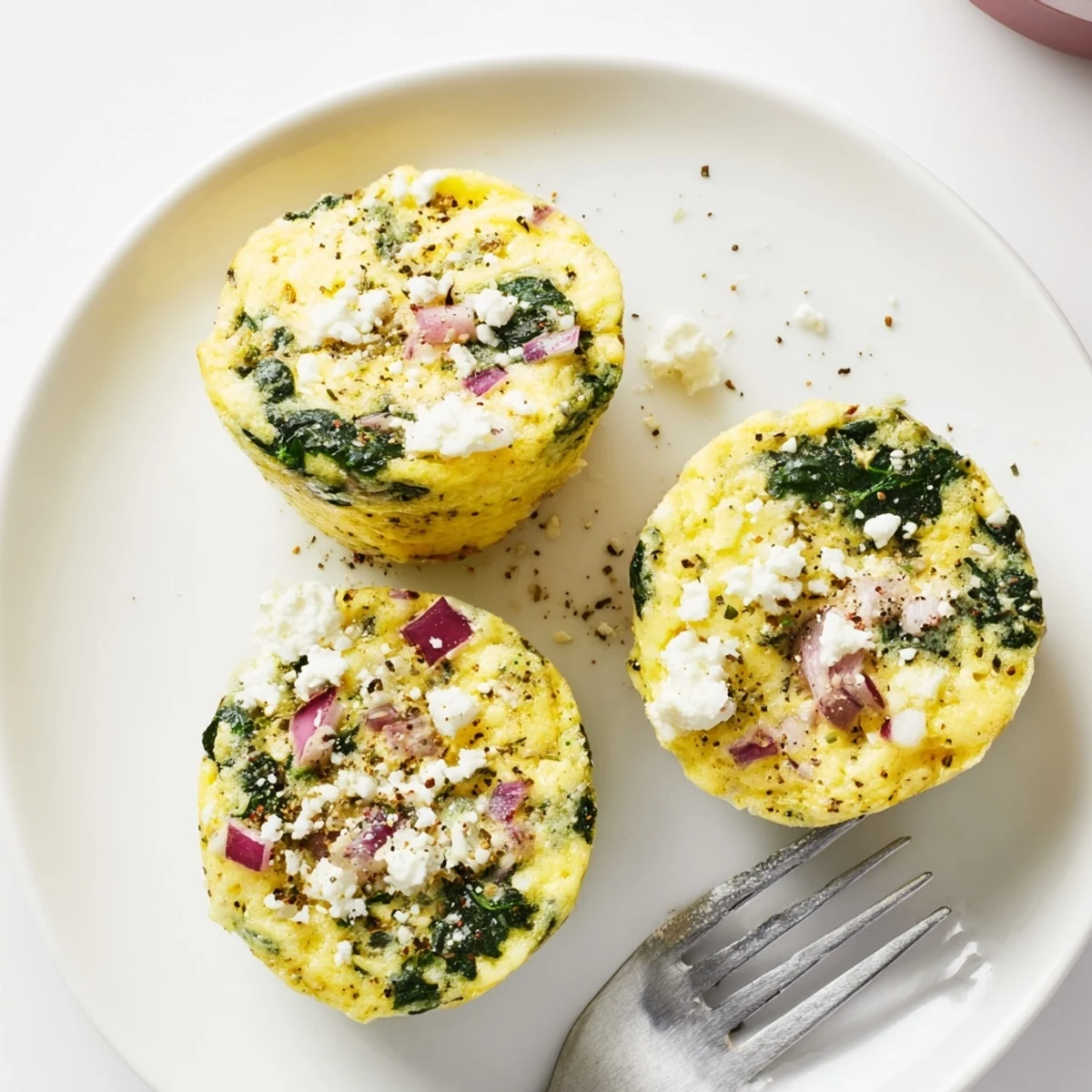 Warm Savory Spinach Feta Egg Bites stacked on plate, steam gently rising