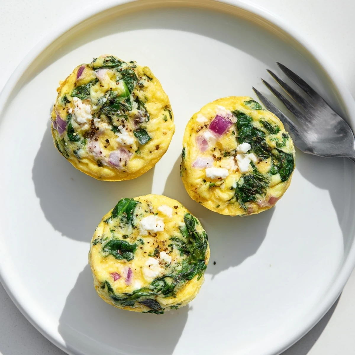 Fresh baked Savory Spinach Feta Egg Bites cooling in muffin tin, ready to grab