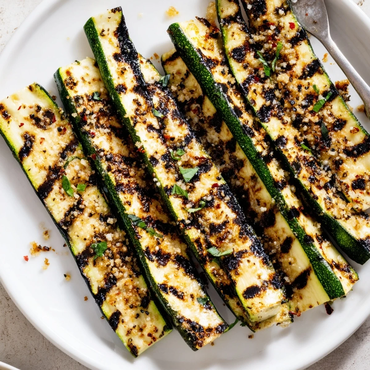 Charred, buttery slices of Crispy Grilled Zucchini With Parmesan And Fresh Herbs