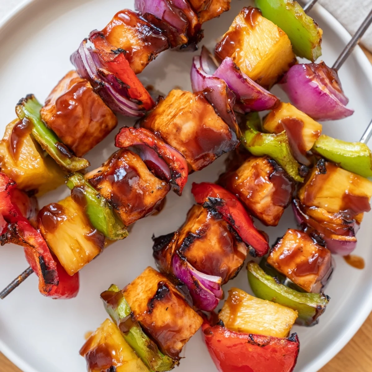 Grilled Bbq Pineapple Chicken Kabobs served over rice, bright peppers, smoky aroma.