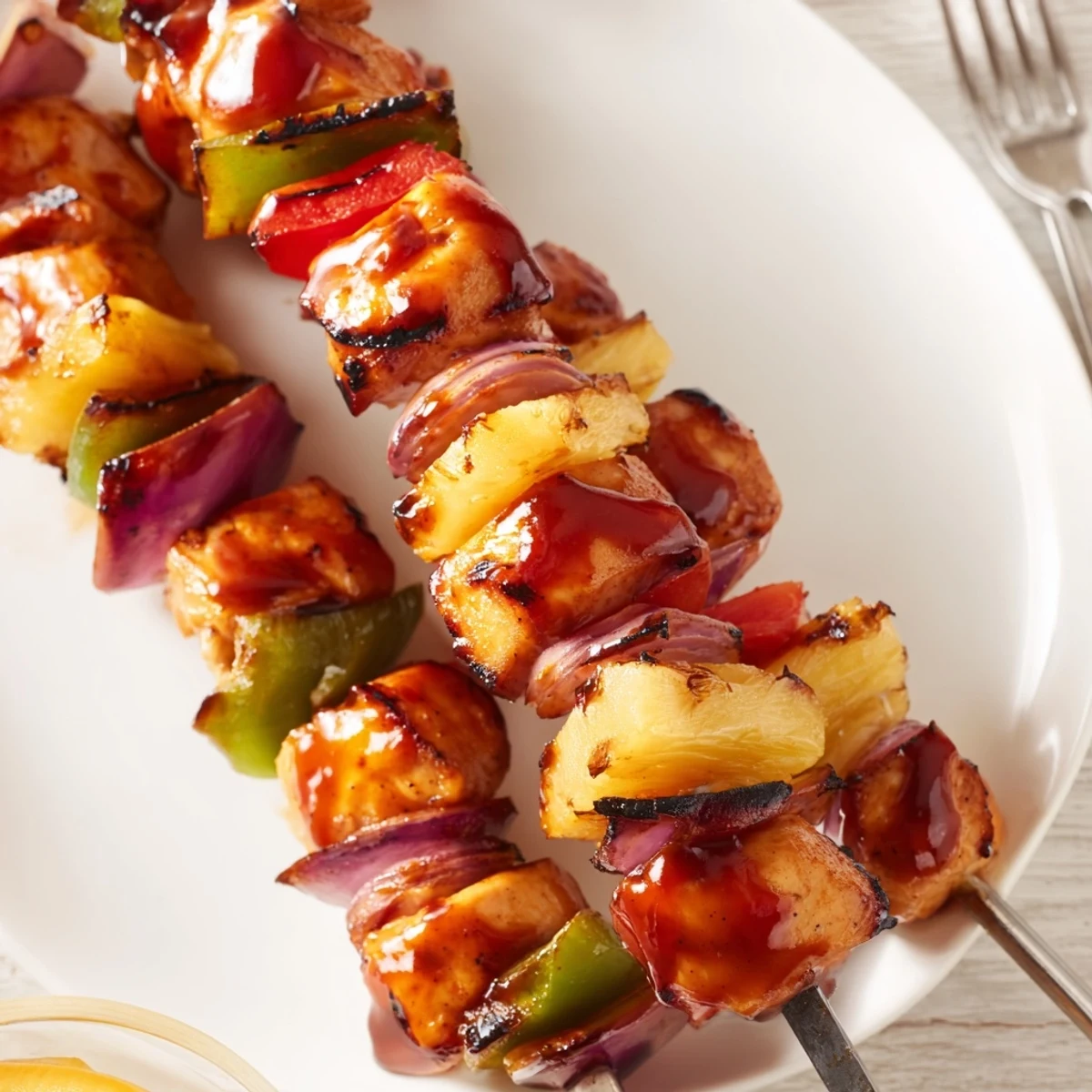 Bbq Pineapple Chicken Kabobs glistening with sticky glaze, charred edges, summer skewers.