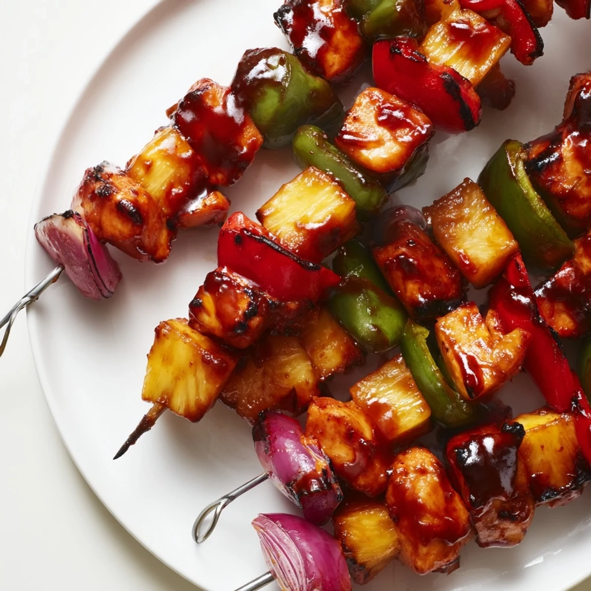 Juicy Bbq Pineapple Chicken Kabobs skewered with peppers and onion, ready-to-eat.