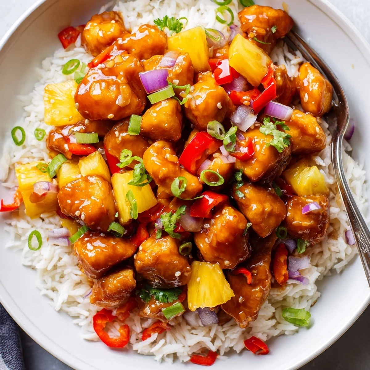 Tropical Sweet And Spicy Chicken Rice Delight piled on jasmine rice, glistening  