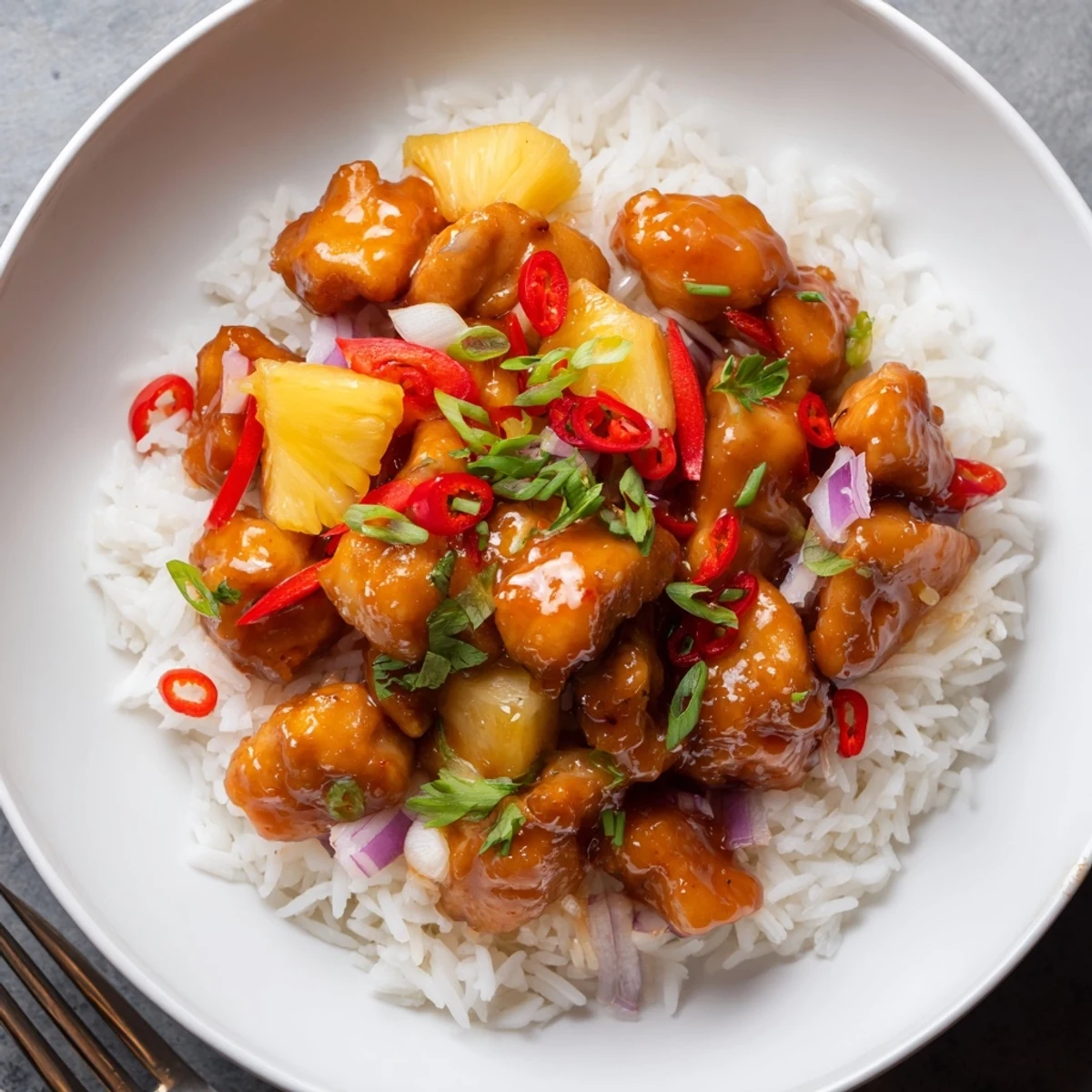 Family-style Tropical Sweet And Spicy Chicken Rice Delight served with cilantro and lime