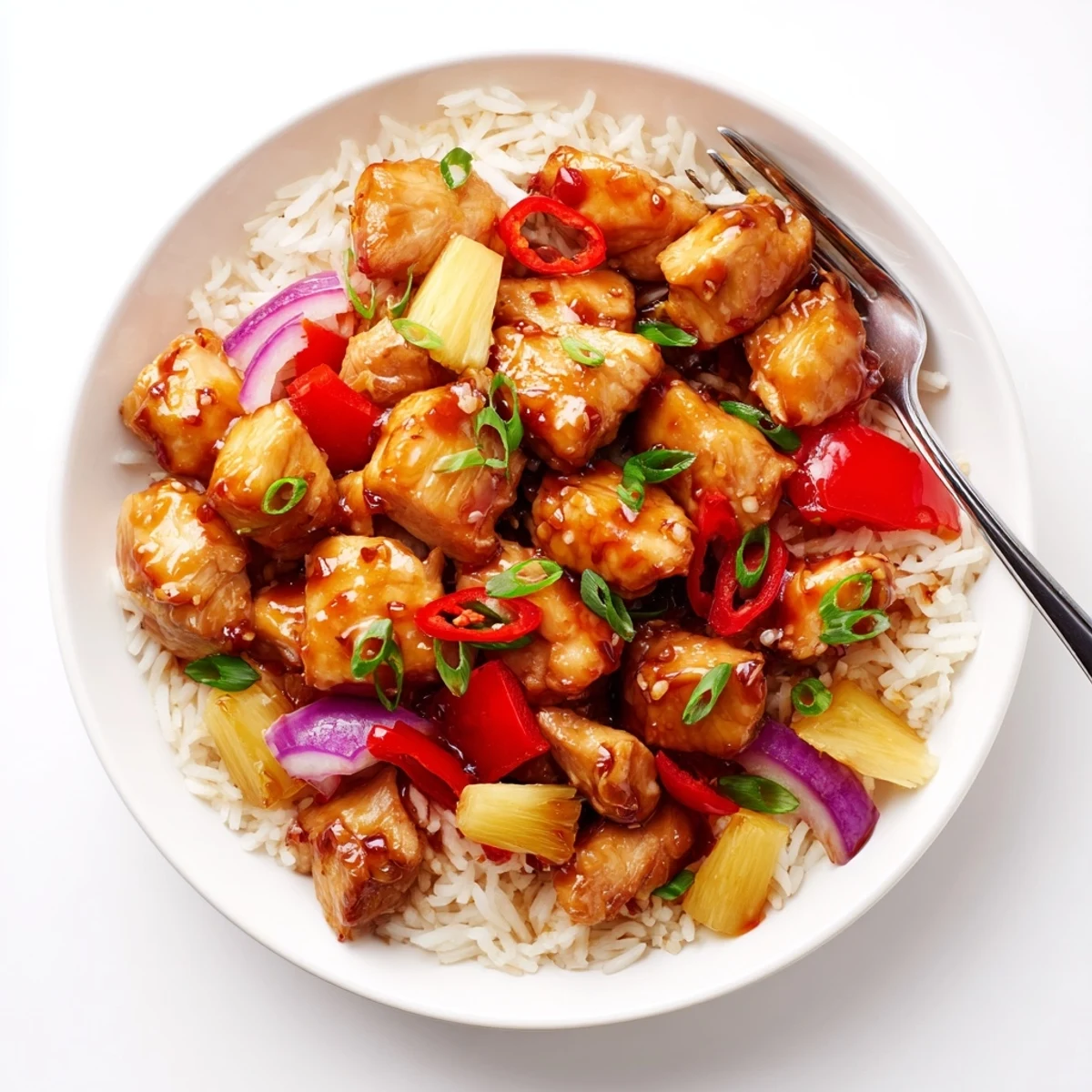 Close-up of Tropical Sweet And Spicy Chicken Rice Delight with pineapple chunks  
