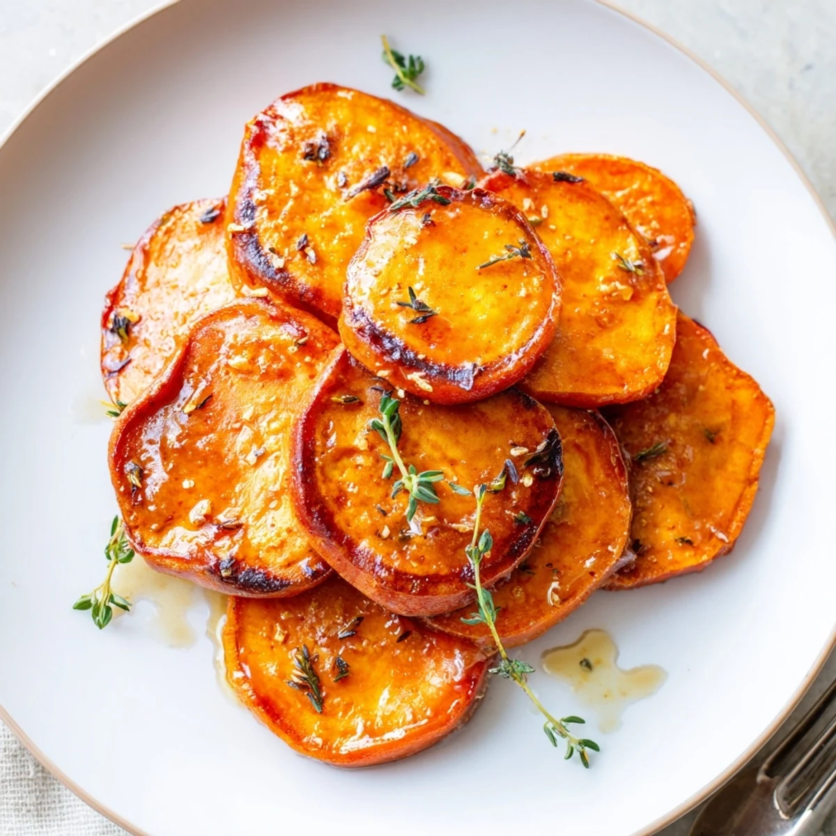Honey Drizzled Roasted Sweet Potato Medallions glistening, warm, topped with thyme