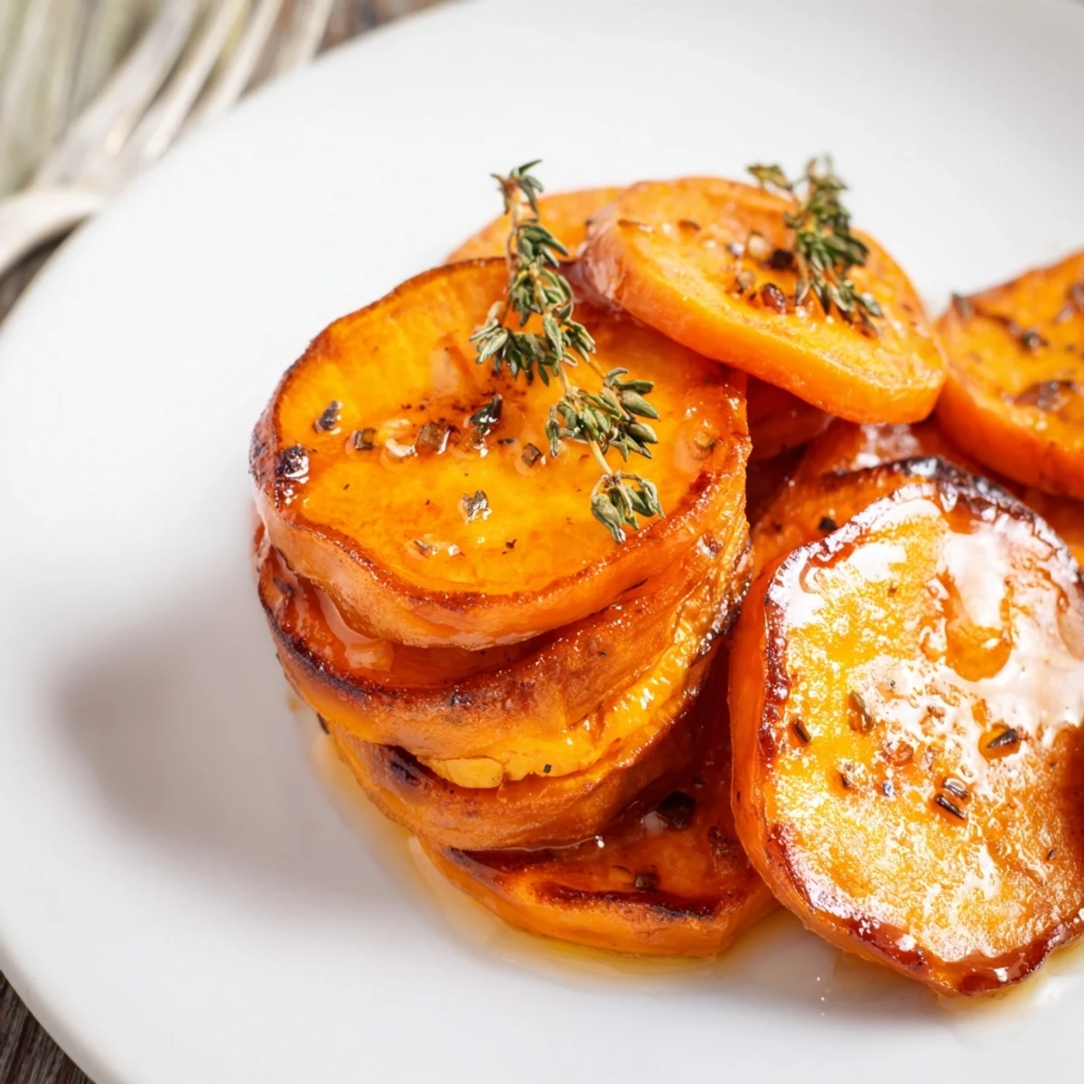Plated Honey Drizzled Roasted Sweet Potato Medallions with sea salt and herbs