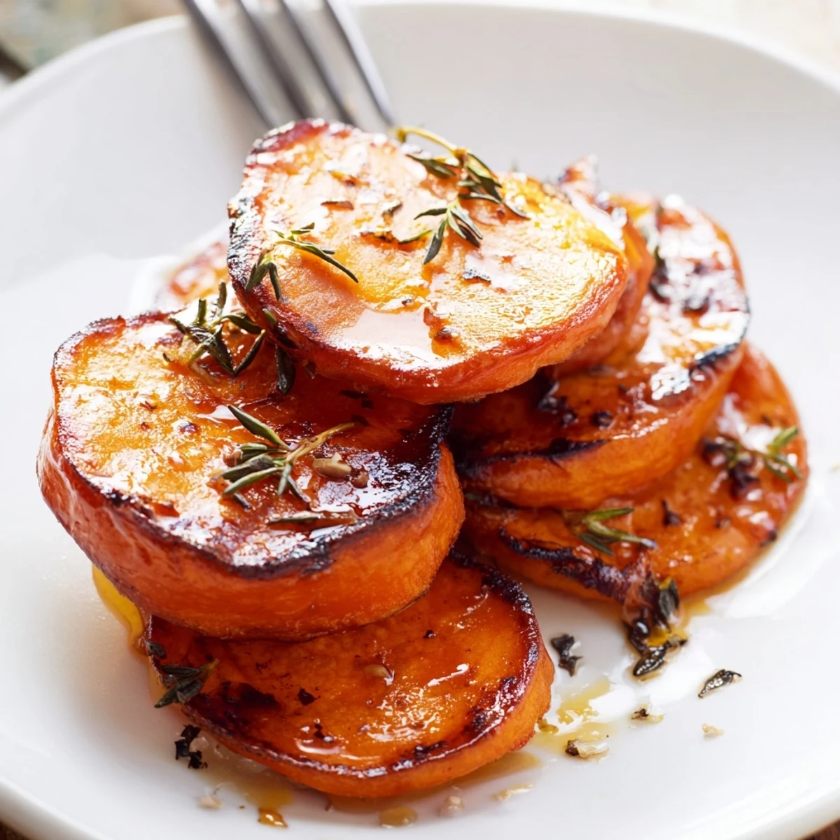 Crispy edges on Honey Drizzled Roasted Sweet Potato Medallions served alongside salad
