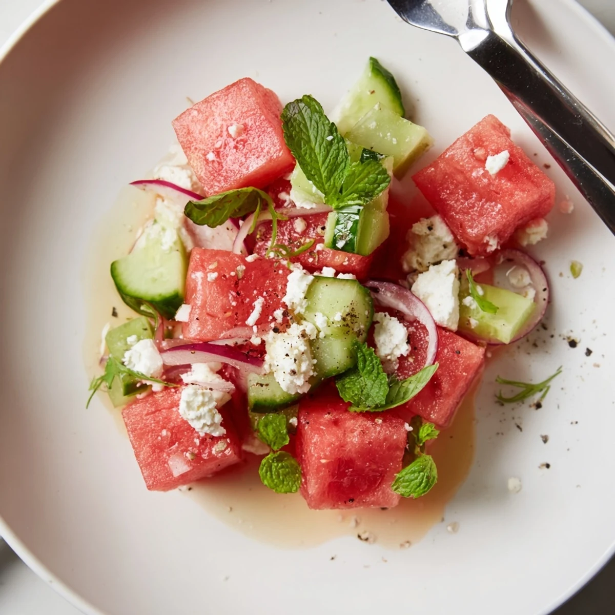 Bright Watermelon Feta Salad Recipe with crunchy cucumber, mint, and crumbled feta
