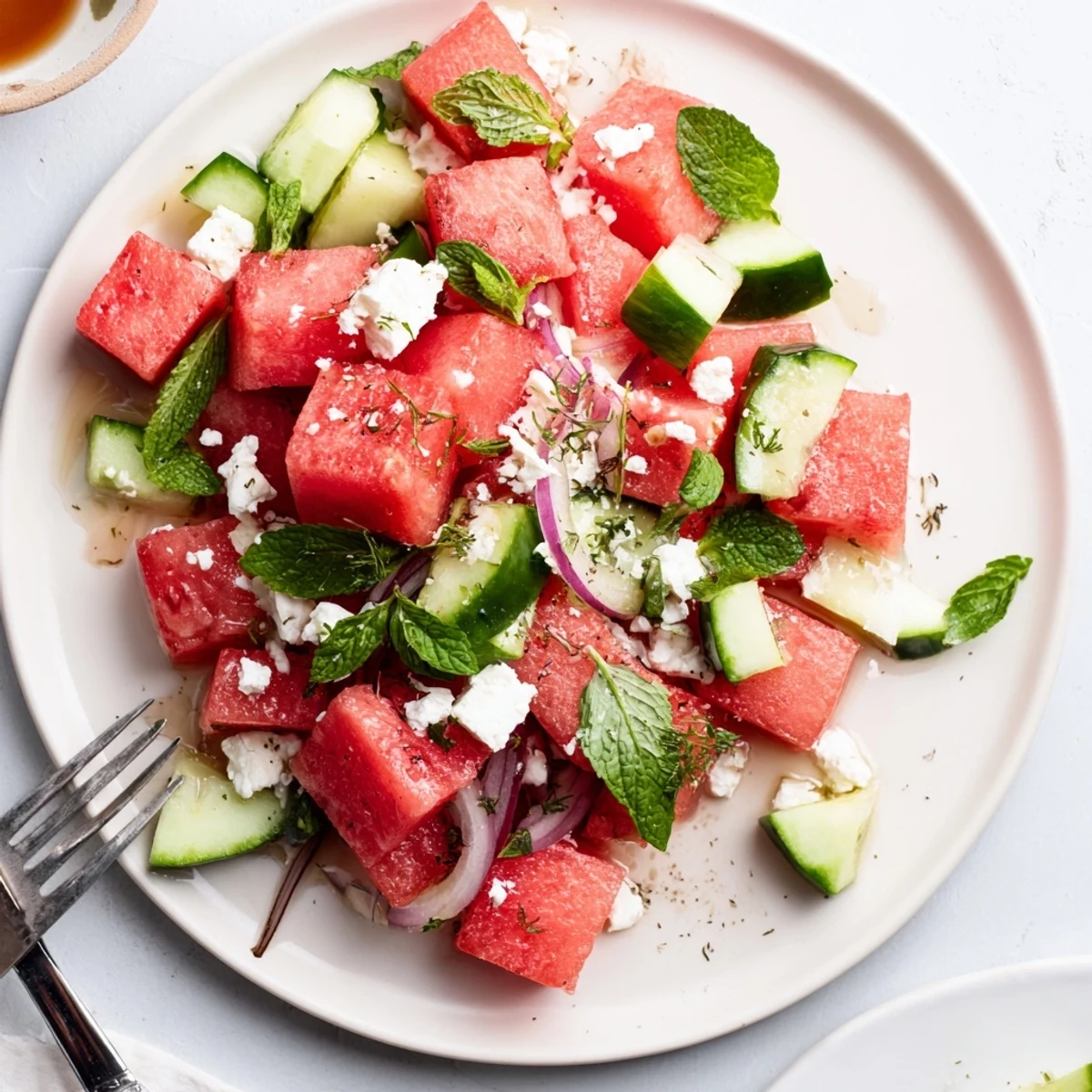 Chilled Watermelon Feta Salad Recipe tossed in lime dressing, ideal for summer