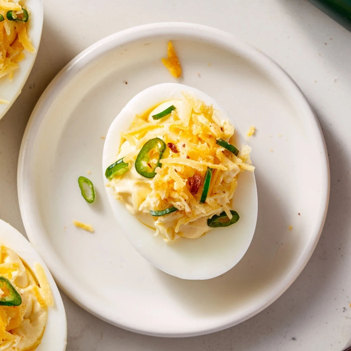 Jalapeno Popper Deviled Eggs recipe: creamy yolk filling, smoky bacon garnish.