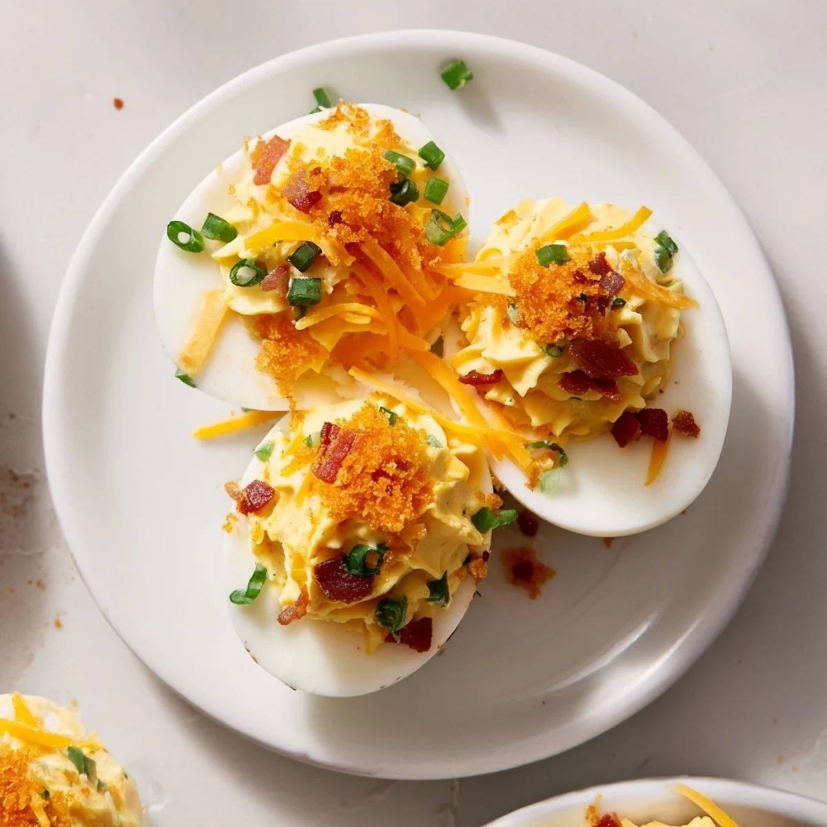Chilled Jalapeno Popper Deviled Eggs recipe on party platter, crunchy panko.