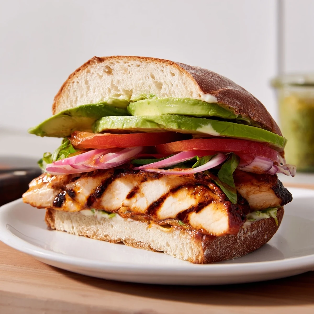 Toasted roll cradles Chipotle Grilled Chicken With Avocado Sandwich Recipe, lime mayo glistening