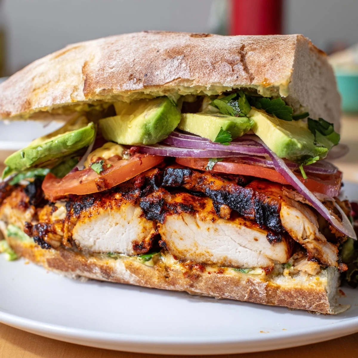 Chipotle Grilled Chicken With Avocado Sandwich Recipe with charred juicy chicken and creamy avocado