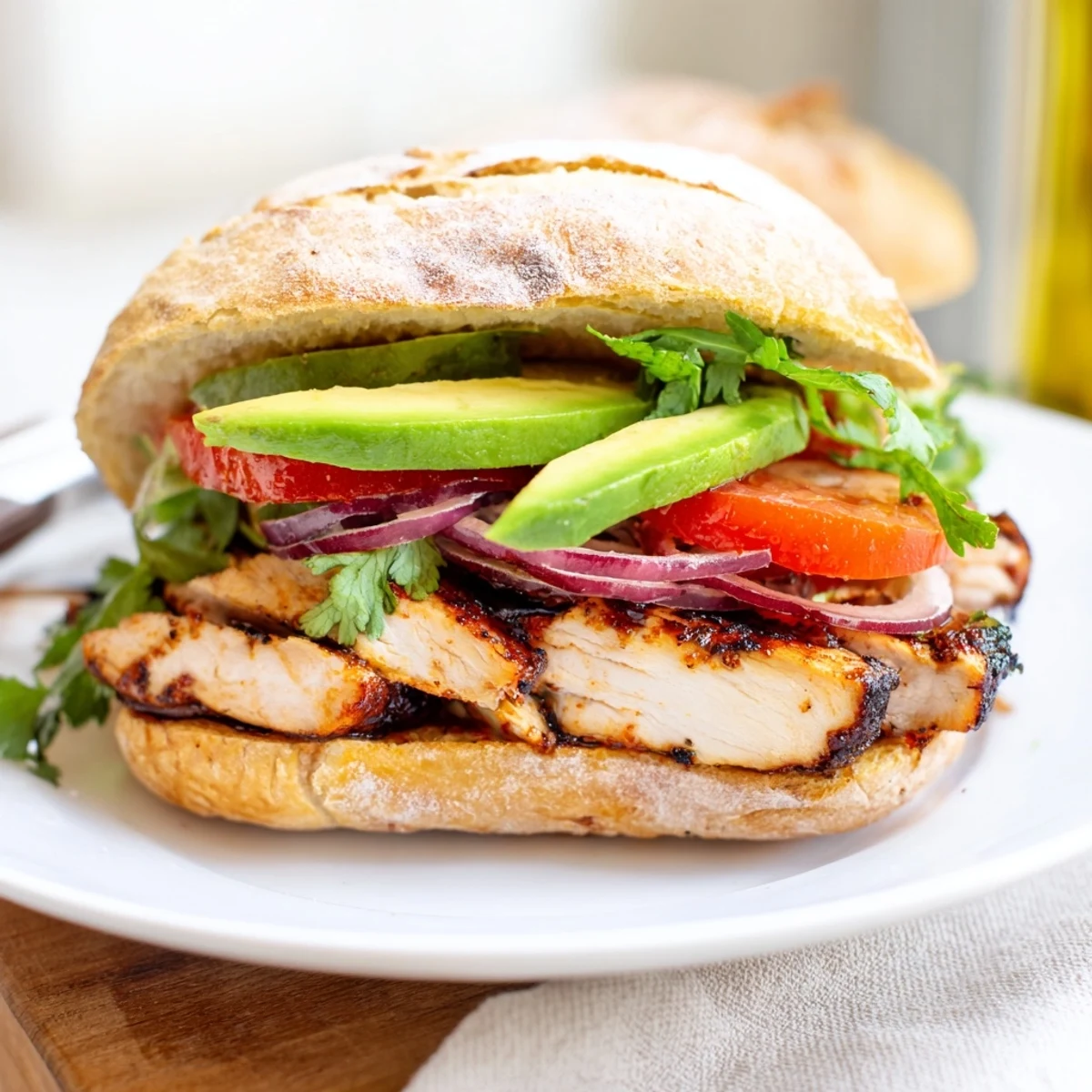 Close-up of Chipotle Grilled Chicken With Avocado Sandwich Recipe layered with tomato, onion, cilantro