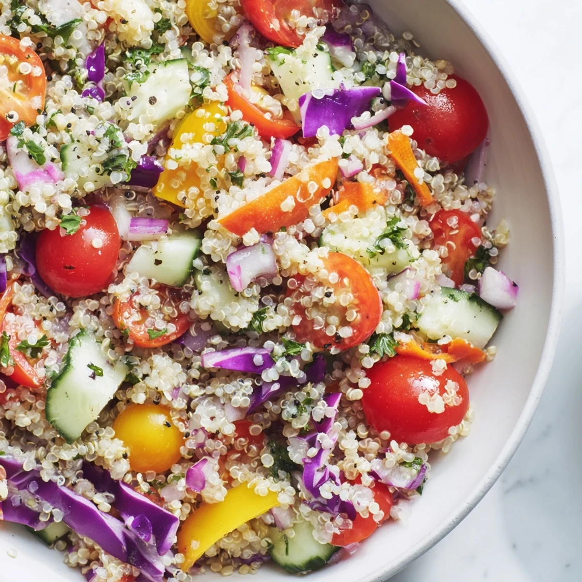 Rainbow Quinoa Salad With Lemon Dressing piled in a bowl, bright citrus aroma