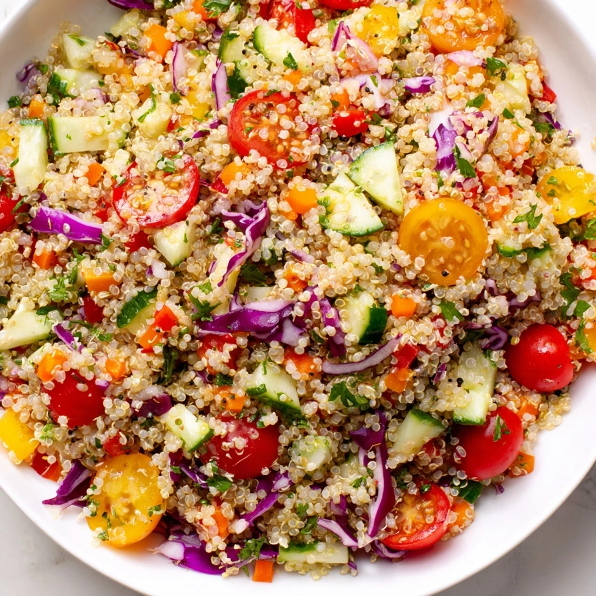 Fresh Rainbow Quinoa Salad With Lemon Dressing, colorful vegetables and crisp textures