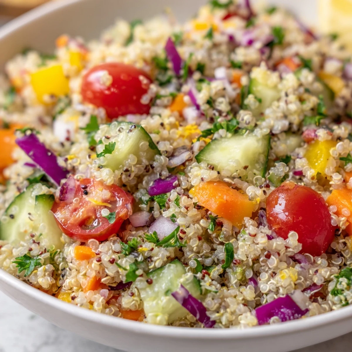 Served chilled, Rainbow Quinoa Salad With Lemon Dressing complements grilled chicken nicely