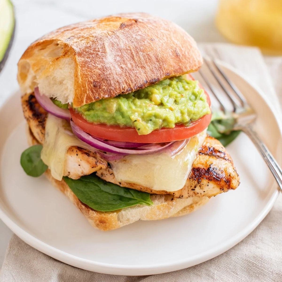 Warm Grilled Chicken Avocado Sandwich served open-faced, zesty mayo and mashed avocado