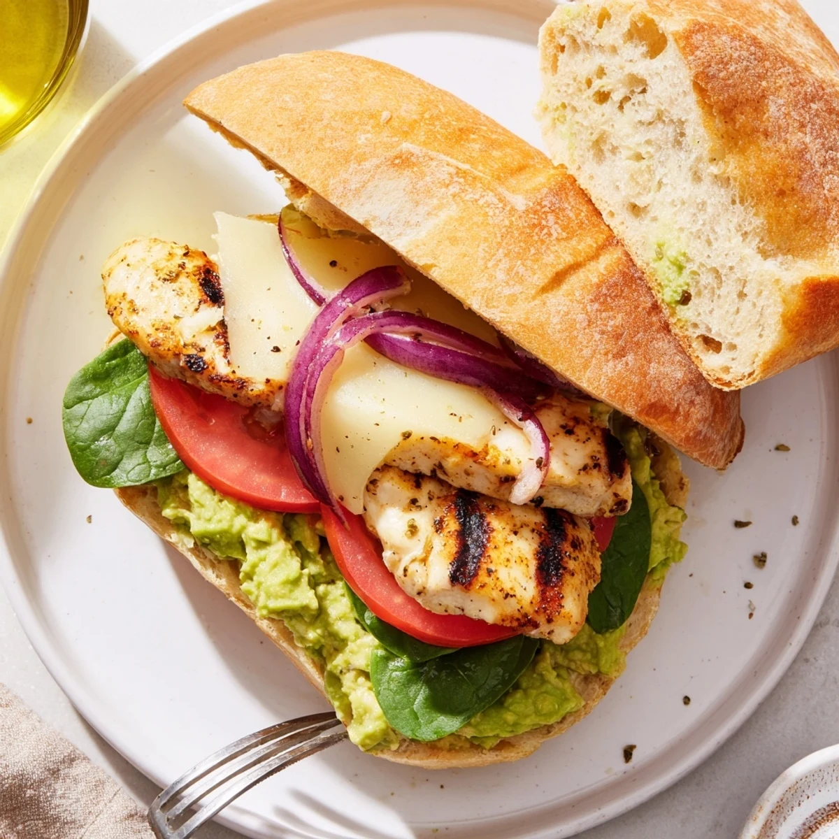 Grilled Chicken Avocado Sandwich with charred chicken, creamy avocado, and toasted roll