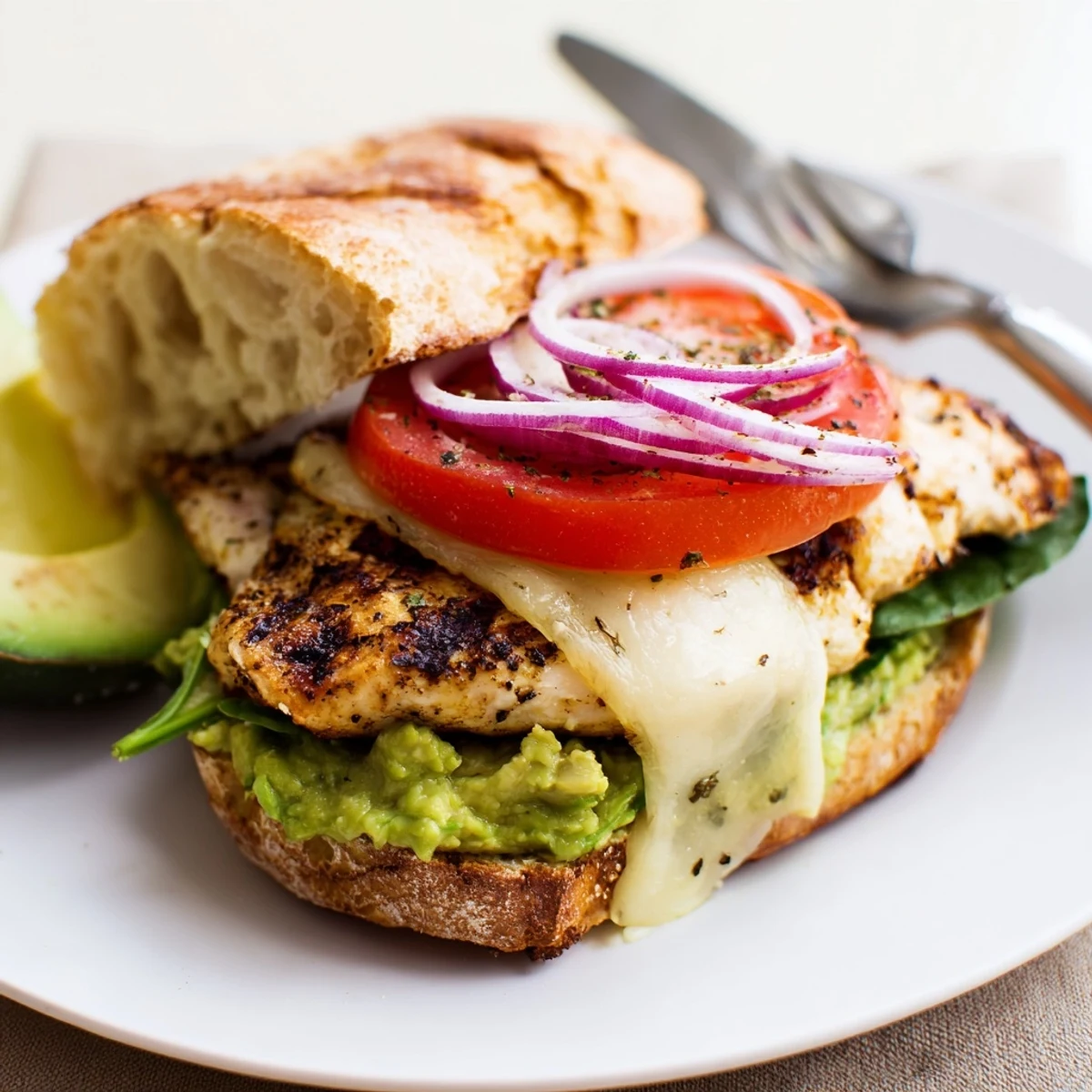 Close-up of Grilled Chicken Avocado Sandwich layered with Swiss, tomato, and spinach
