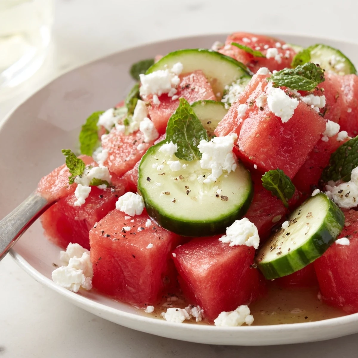 Watermelon Feta And Mint Salad Recipe with juicy cubes, crumbled feta, bright lime