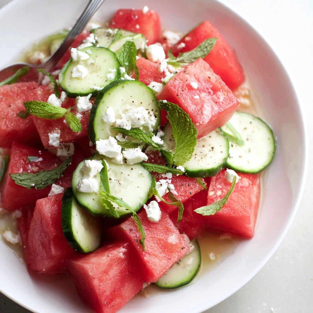Bright summer platter of Watermelon Feta And Mint Salad Recipe, chilled, fragrant mint