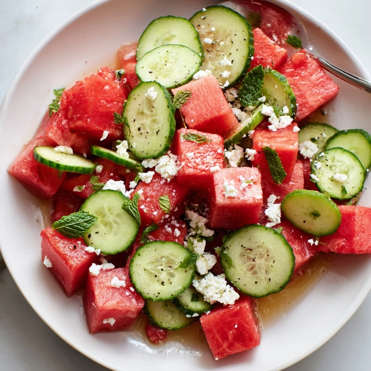 Ready to spoon Watermelon Feta And Mint Salad Recipe topped with cracked pepper