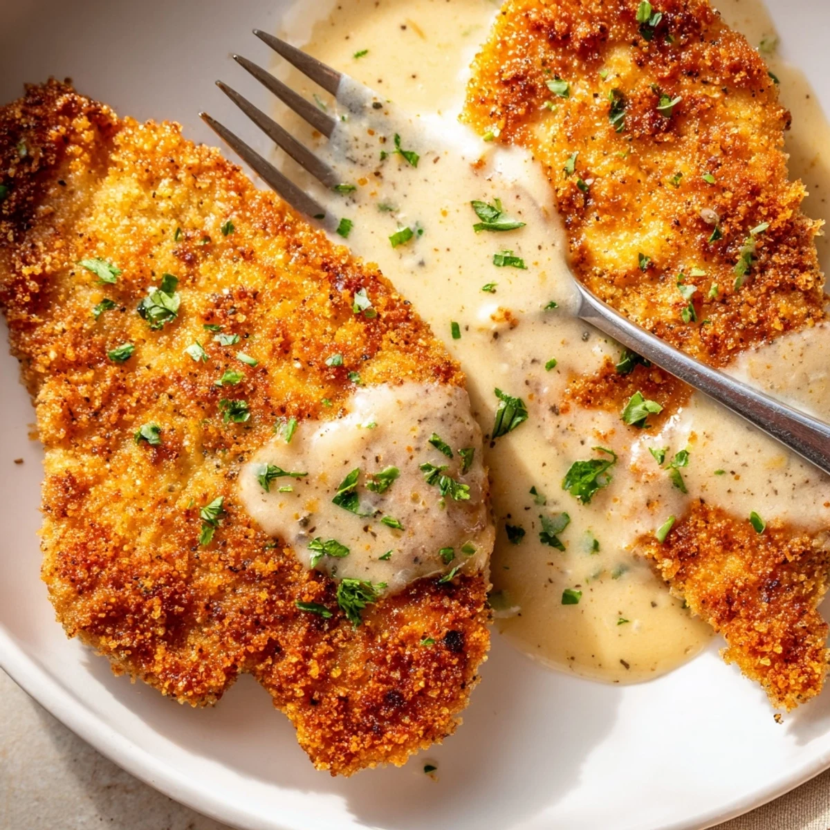 Homestyle Crispy Chicken Creamy Sauce Recipe topped with chopped parsley, steaming hot